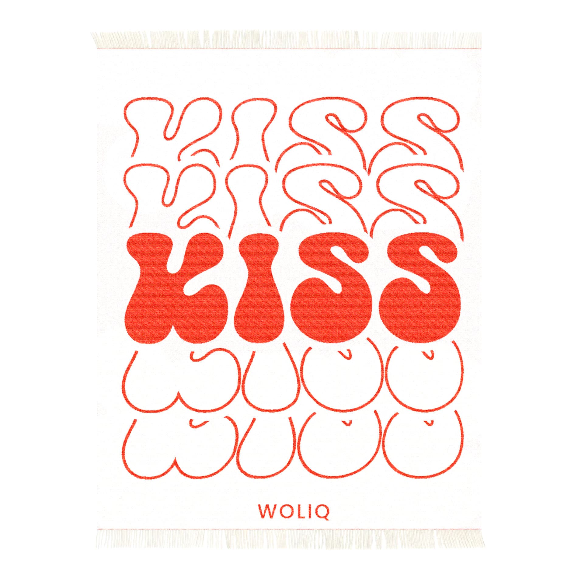 Red and white wool blanket with kiss pattern – WOLIQ Bold Kiss front view
