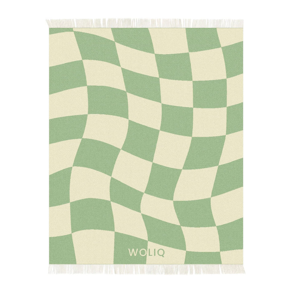 Green and beige cube illusion wool blanket – WOLIQ Gentle Shift front view