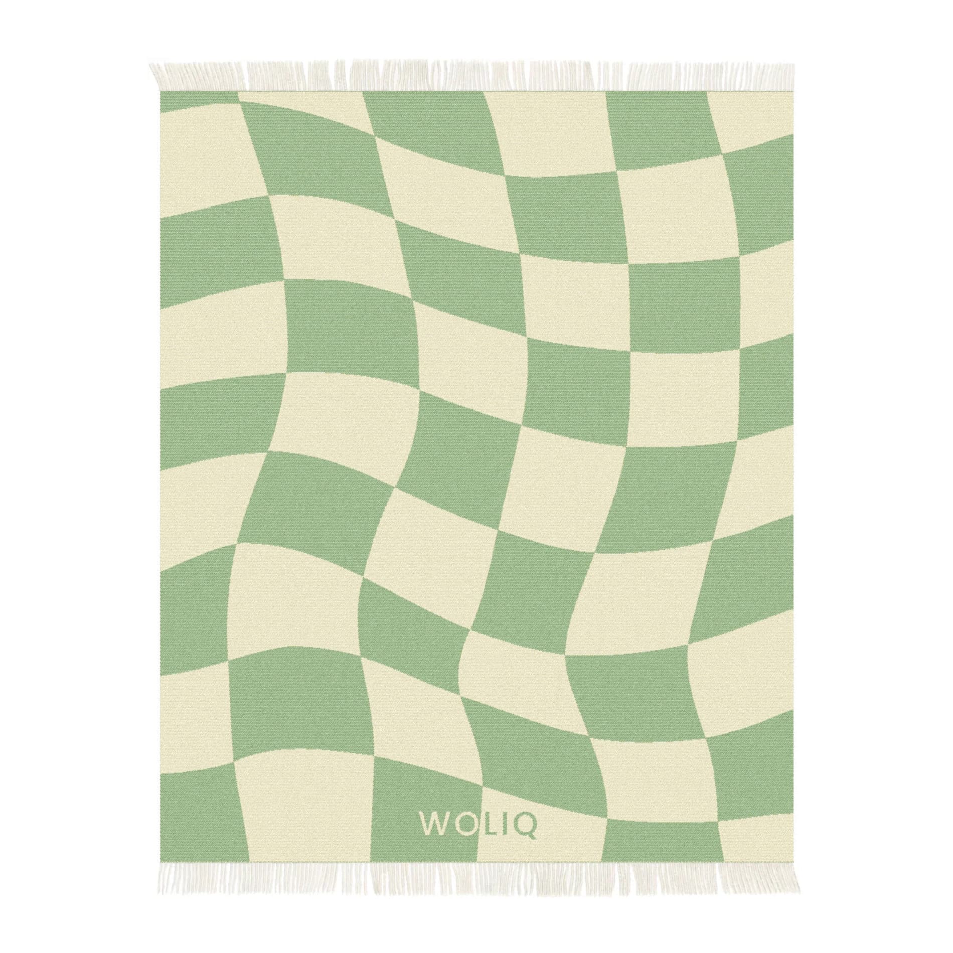 Green and beige cube illusion wool blanket – WOLIQ Gentle Shift front view
