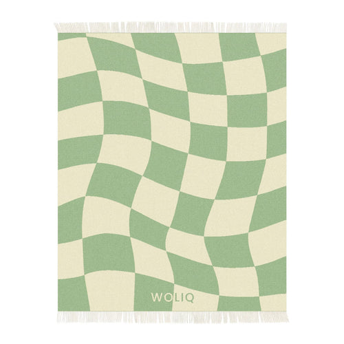 Green and beige cube illusion wool blanket – WOLIQ Gentle Shift front view