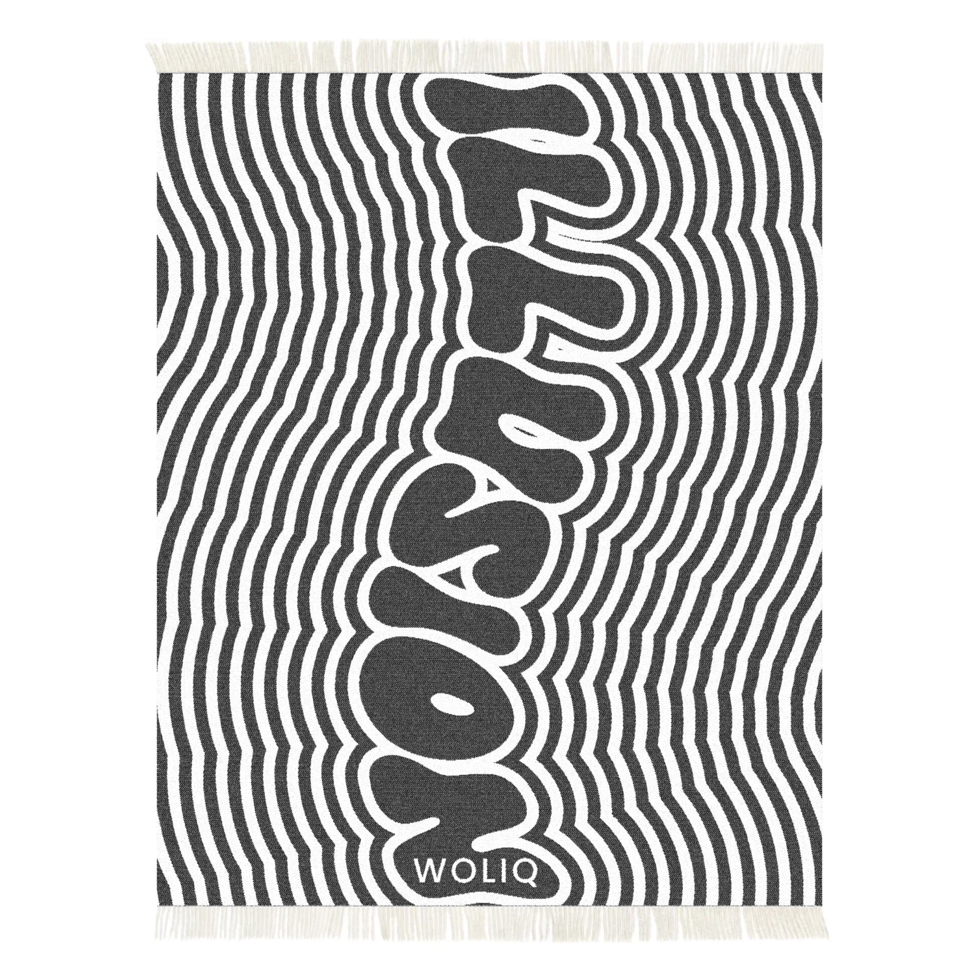 Black and white illusion text wool blanket – WOLIQ Illusion Wave front view