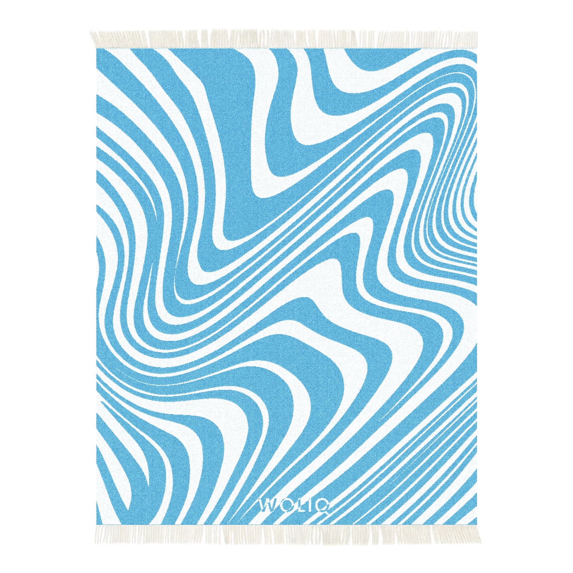 Blue and white wavy pattern wool blanket – WOLIQ Ocean Rhythm front view