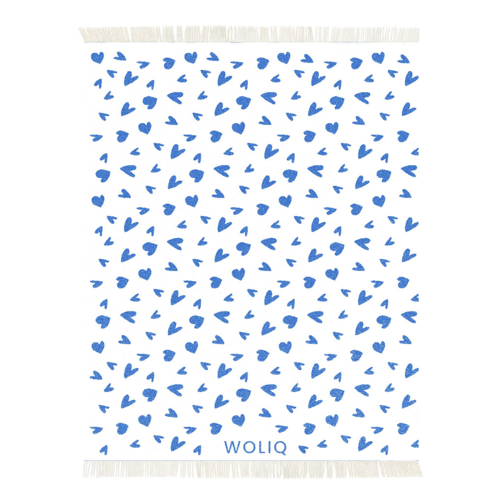 White and blue heart pattern wool blanket – WOLIQ Tender Drift front view