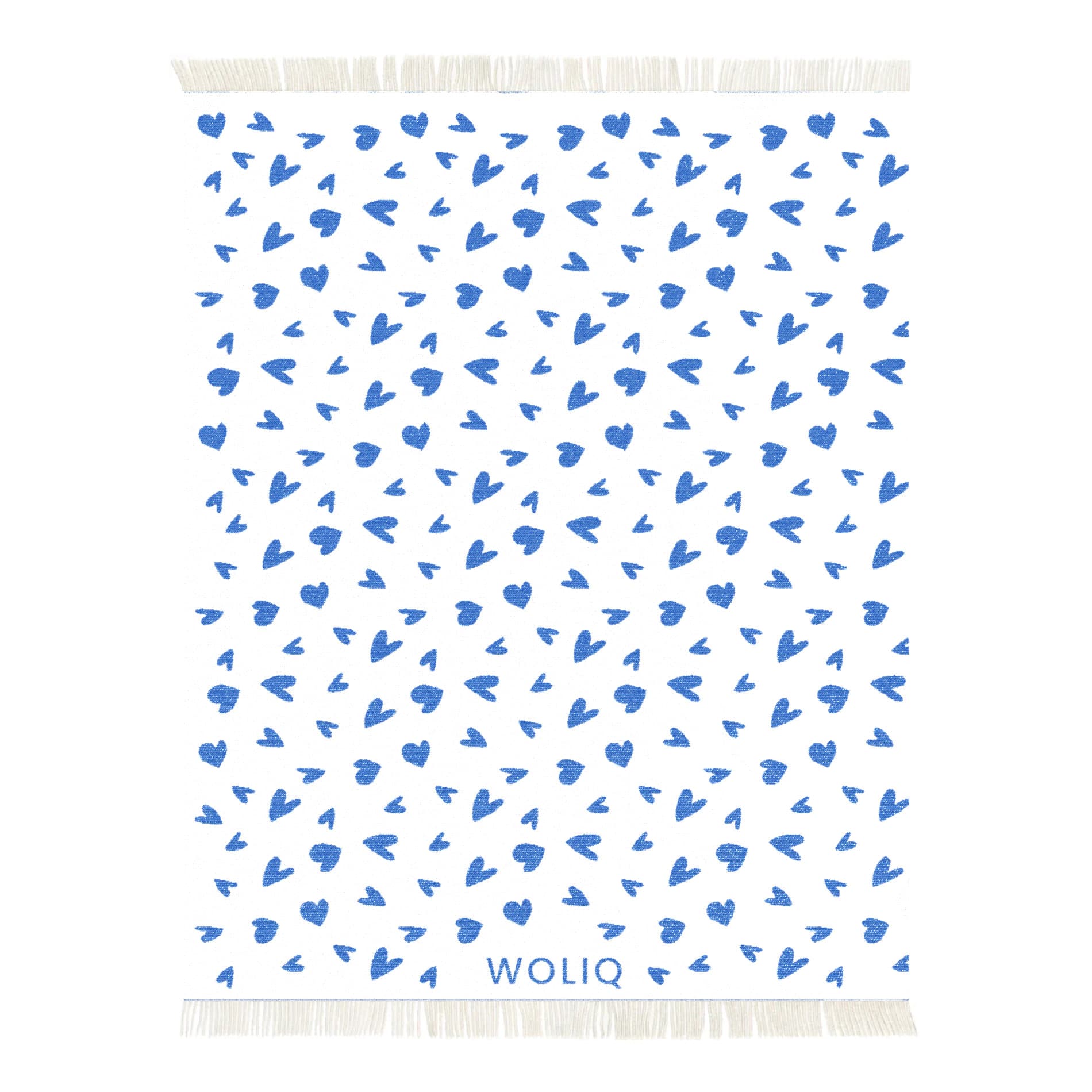 White and blue heart pattern wool blanket – WOLIQ Tender Drift front view